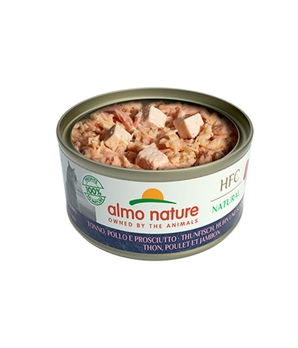 Almo Nature Nassfutter Für Katzen HFC Natural, Thunfisch, Huhn & Schinken, 24 X 70 G