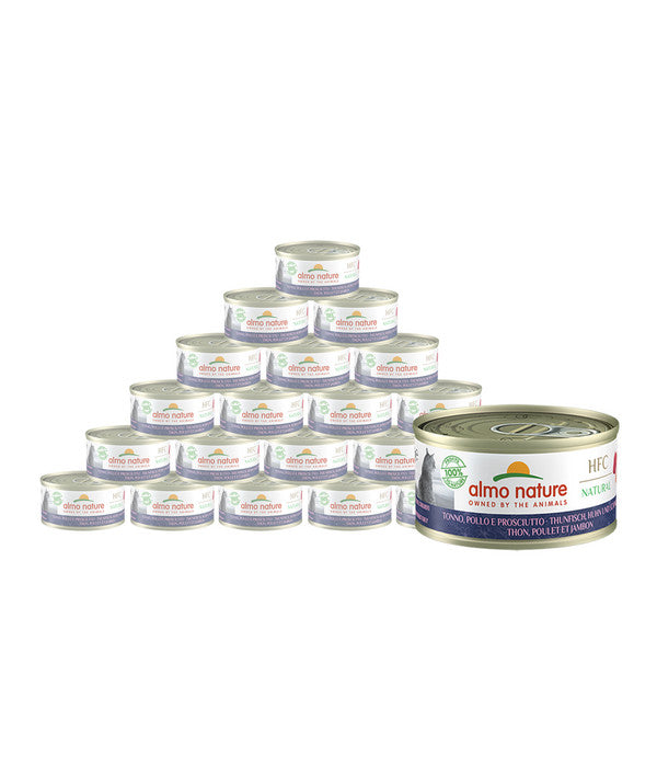  Almo Nature Nassfutter Für Katzen HFC Natural, Thunfisch, Huhn & Schinken, 24 X 70 G